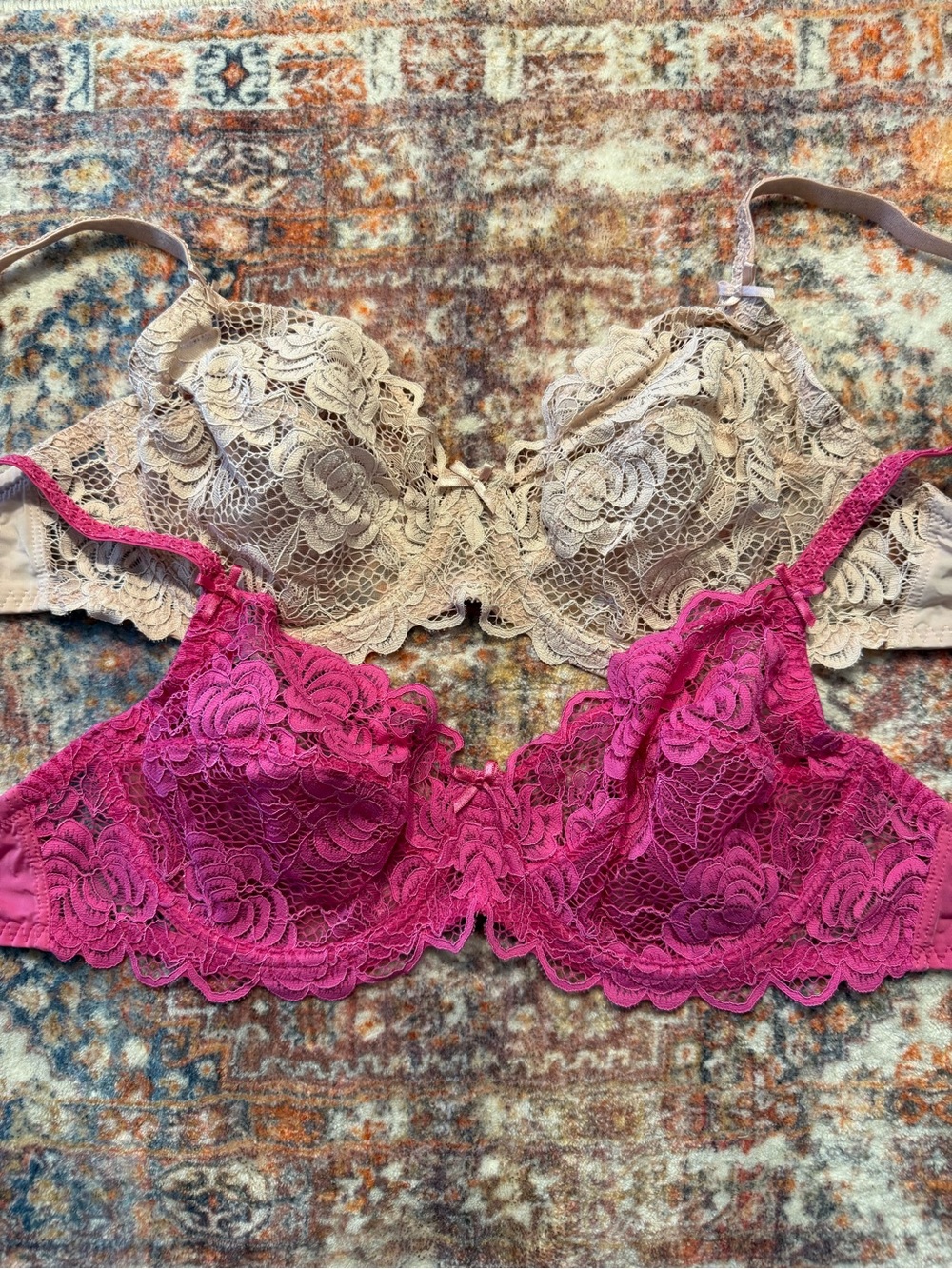 Adore Me Lace Bra Bundle 34DD Pink & Nude Floral Lace Unlined Bras NWOT